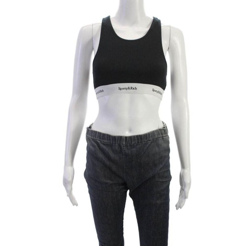 Sporty & Rich Womens Scoop Neck Ribbed Knit Logo Trim Sports Bra Black Small